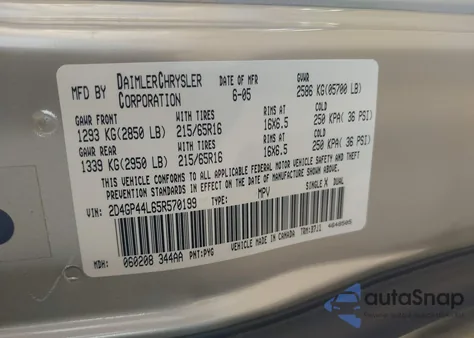 2005 Dodge Grand Caravan Sxt z USA, uszkodzony, nr VIN 2D4GP44L65R570199